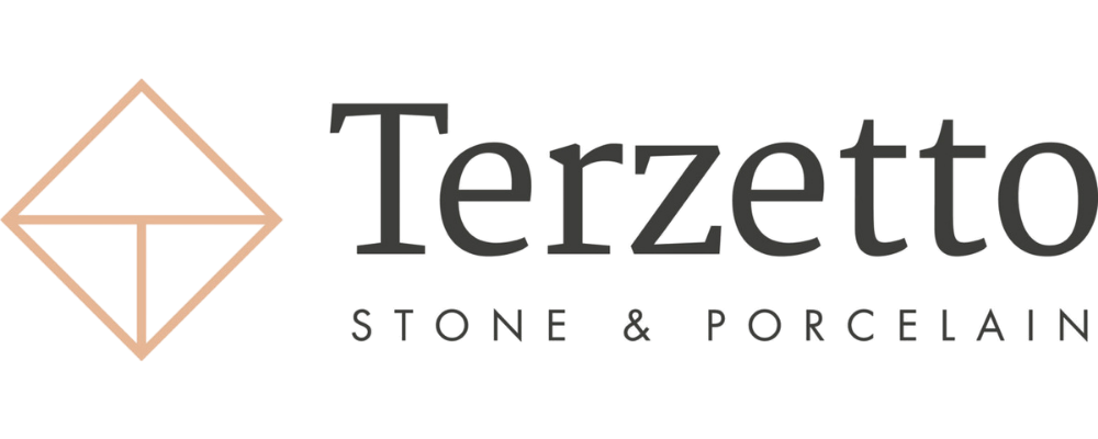 Terzetto Stone & Porcelain logo with a geometric diamond symbol and gray lettering on a black background