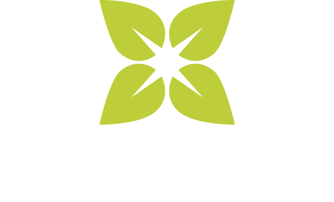Green four-leaf symbol above partially visible white pixelated text on a black background