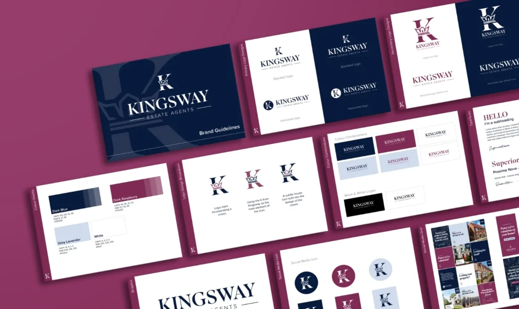 Kingsway brand guidelines pages showing logos, colour palettes and layout examples on a magenta background