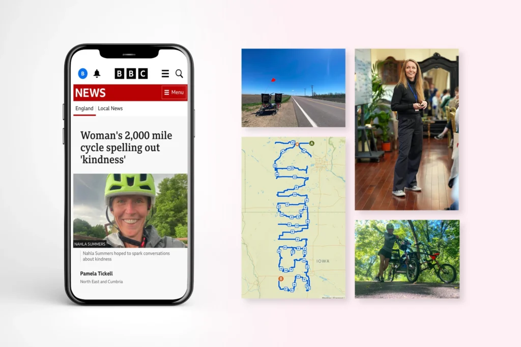 Collage featuring a BBC article on a phone, a road, a route map, a woman, and a cyclist