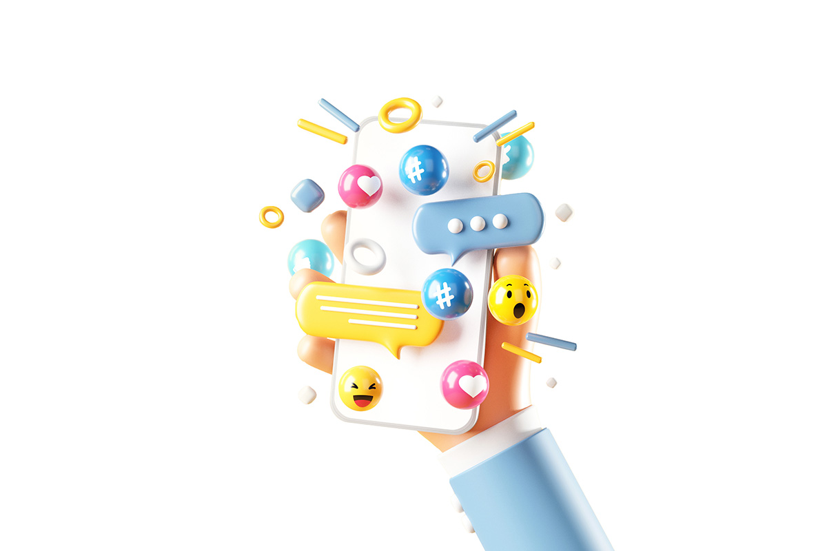 3D illustration of a hand holding a smartphone surrounded by social media icons and chat bubbles