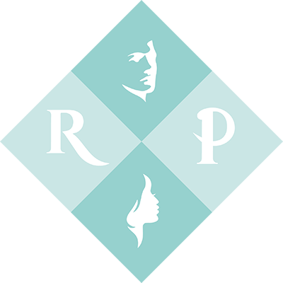 Teal geometric logo with two white side-profile faces and the letters R and P