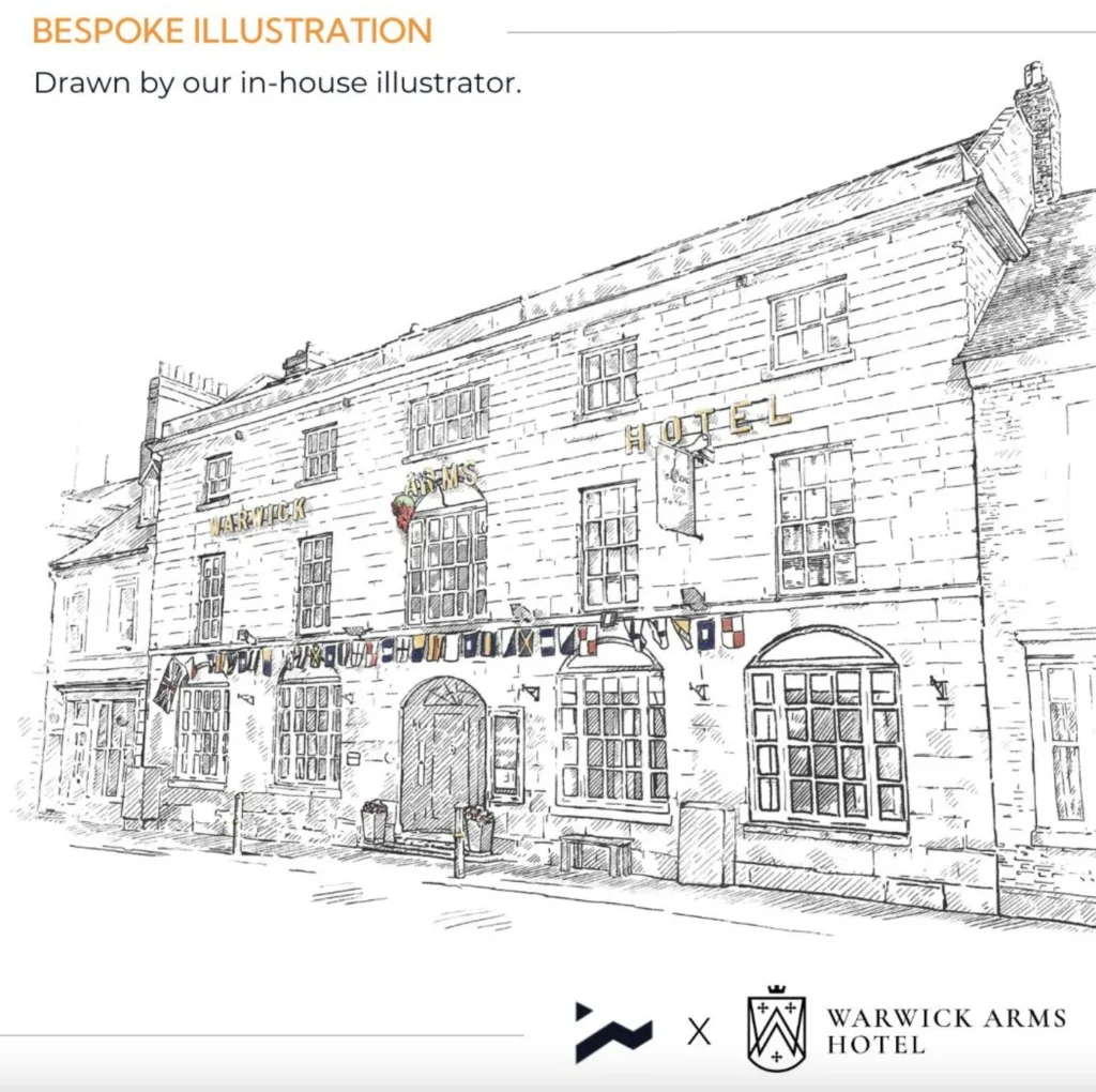 Hand-drawn illustration of the Warwick Arms Hotel facade with bunting and the hotel's logo.