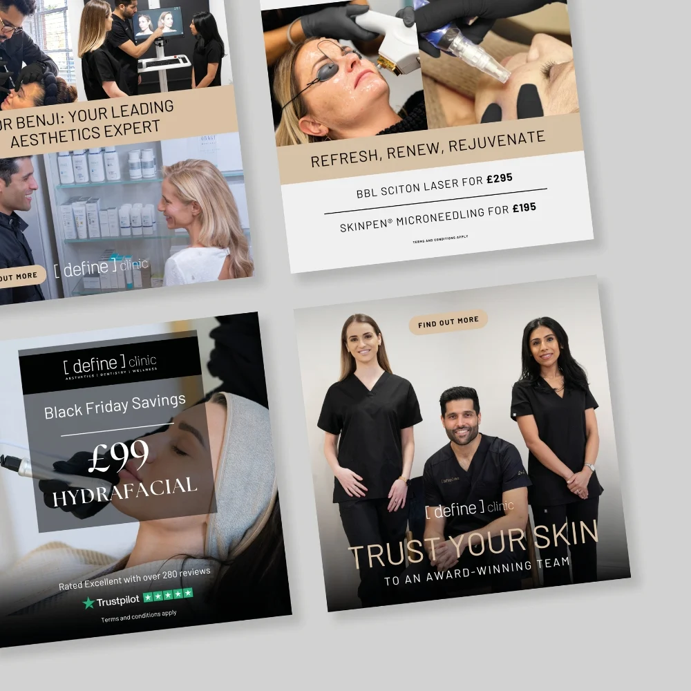 Collage of skincare and aesthetics advertisements featuring treatment photos, promotional text, and a clinic team