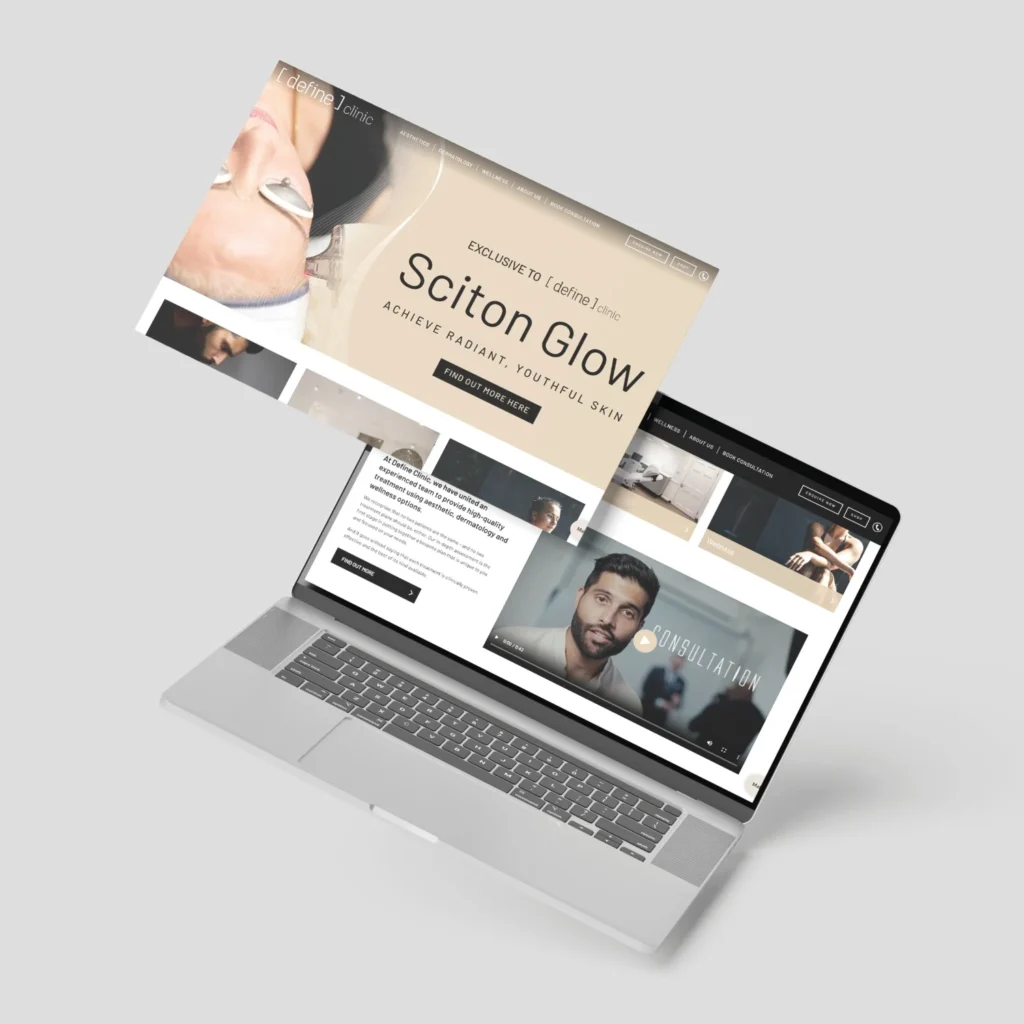 Laptop displaying overlapping aesthetics website pages, including a Sciton Glow page and consultation content.