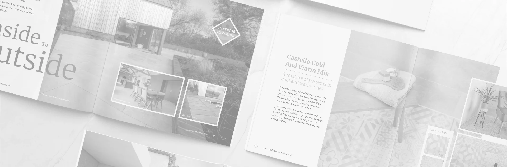 Open brochure showing grayscale photographs and text across its pages