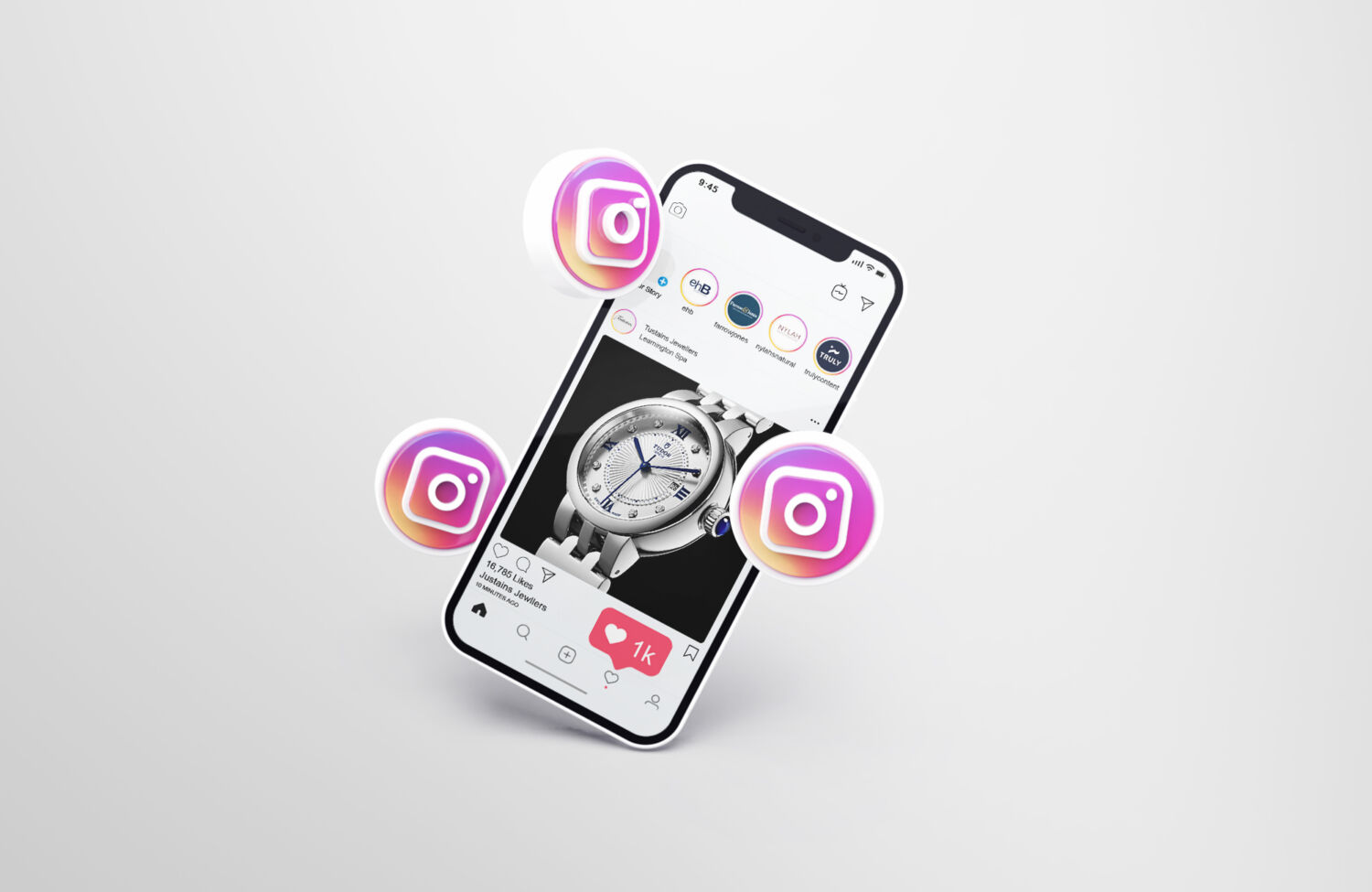 Smartphone displaying an Instagram post with floating Instagram icons, representing paid social media advertising.