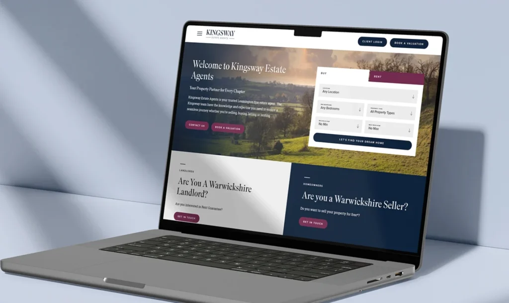 Laptop displaying a Kingsway Estate Agents website mock-up on its screen.