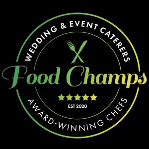 Food Champs logo with circular green and yellow design, reading “Wedding & Event Caterers” and “Award-Winning Chefs,” establi