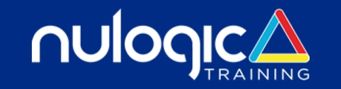 Nulogic Training logo in white and blue with a multicoloured triangular symbol