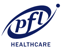 Blue PFL Healthcare logo with an oval swoosh