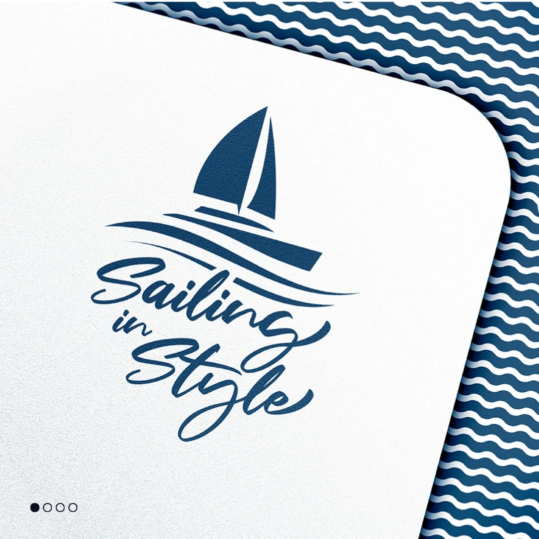Sailing In Style logo featuring a stylised sailboat and blue wave-like lettering on a white card